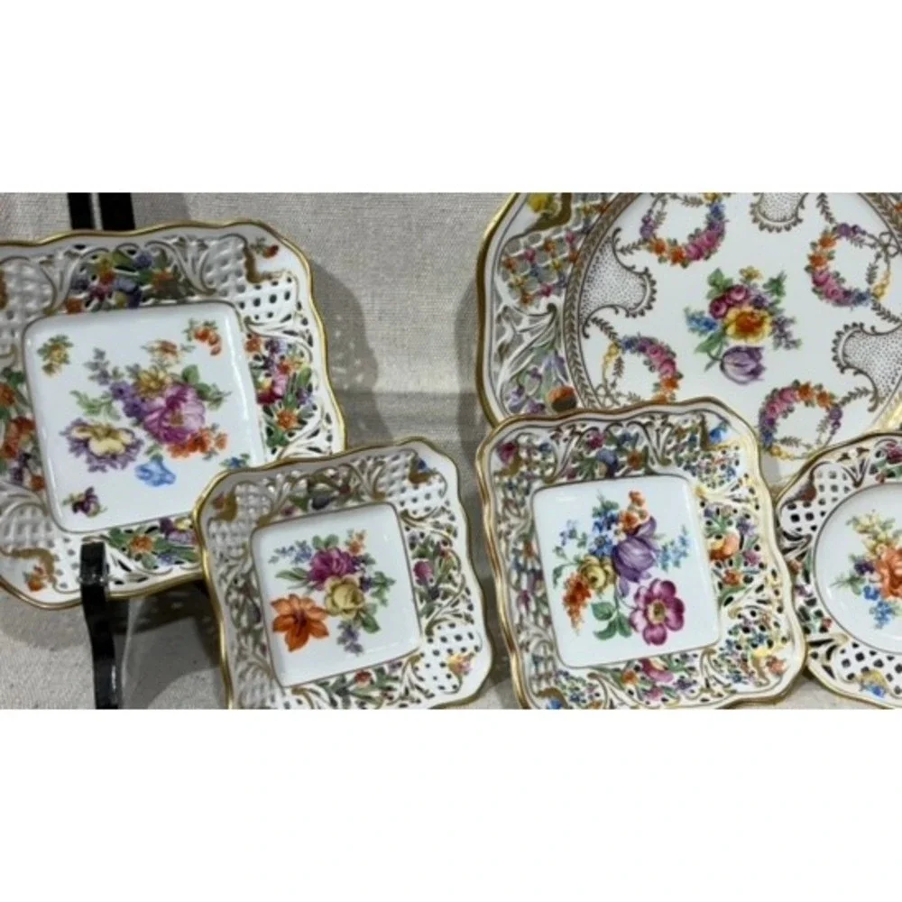 Schumann Arzberg Dresden Flowers Reticulated Porcelain Plate Bowl Set 5pc Gold